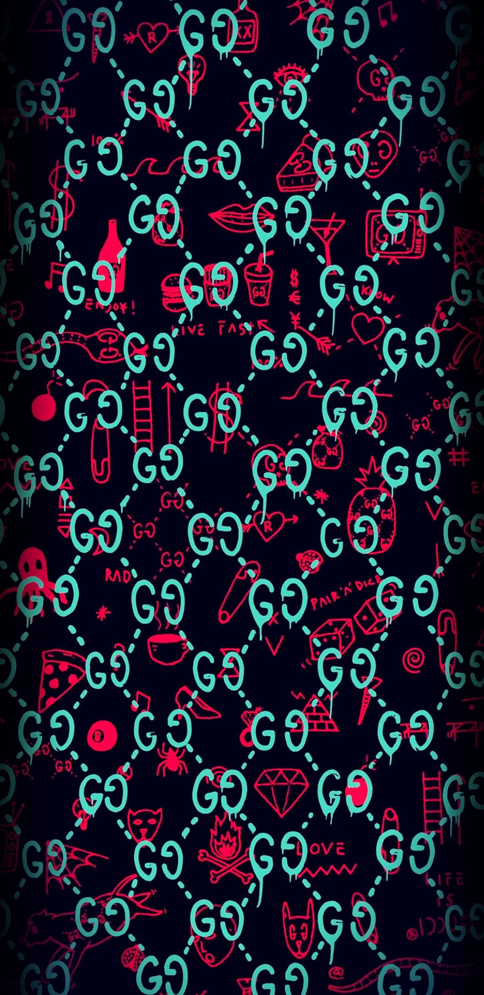 A close up of a black background with a pattern of blue and pink symbols (black, gucci, love, neon, pink)