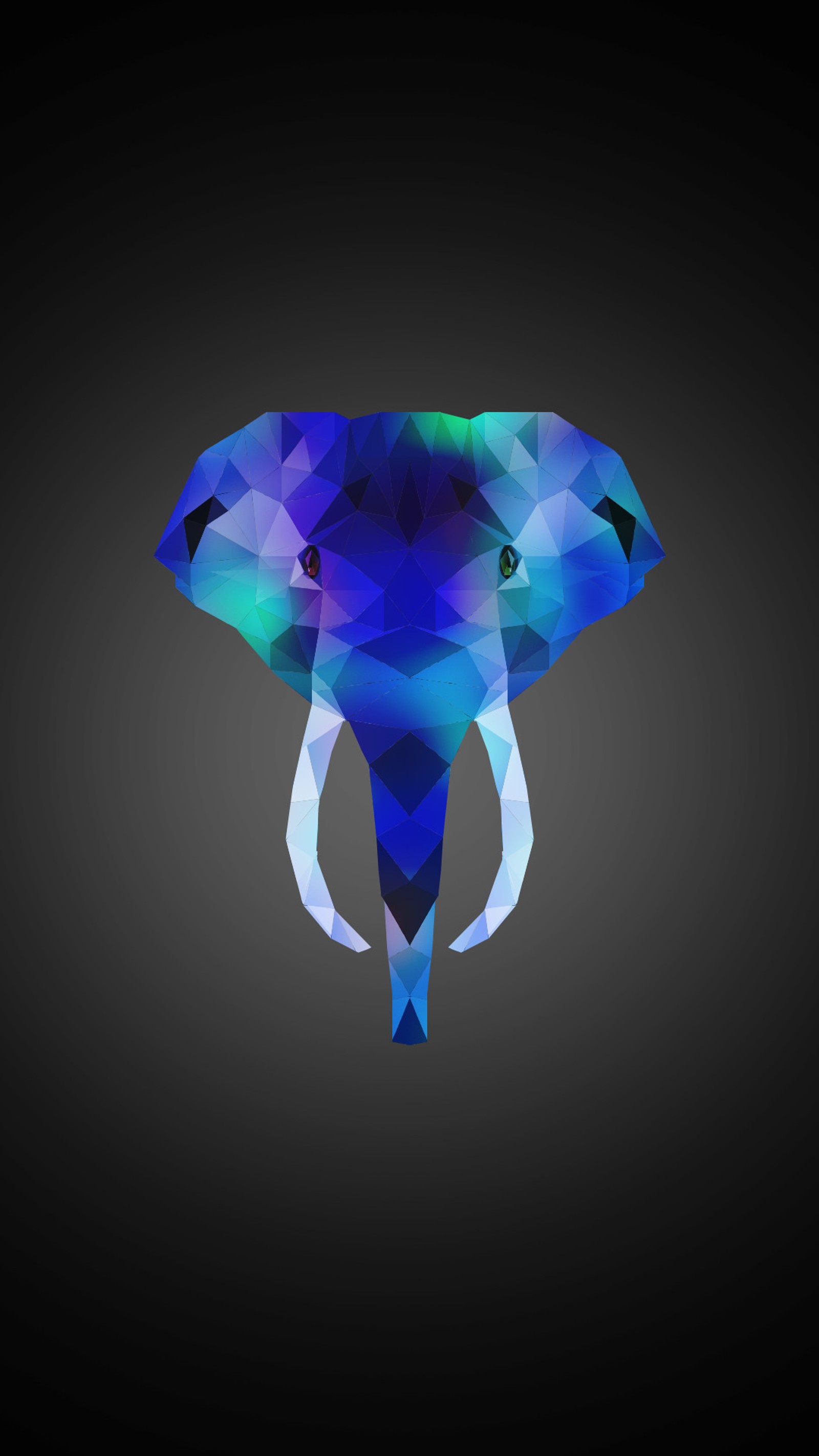 A close up of a blue elephant head on a black background (animal, blue, elephant, green, polygonal)