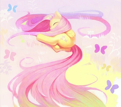 Fluttershy abraçando a natureza com cabelo fluido e borboletas