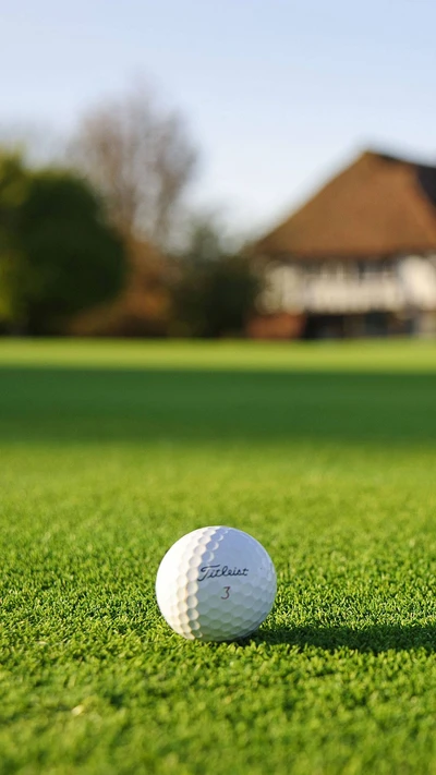 Um close de uma bola de golfe em grama verde exuberante, com um clubhouse visível ao fundo.