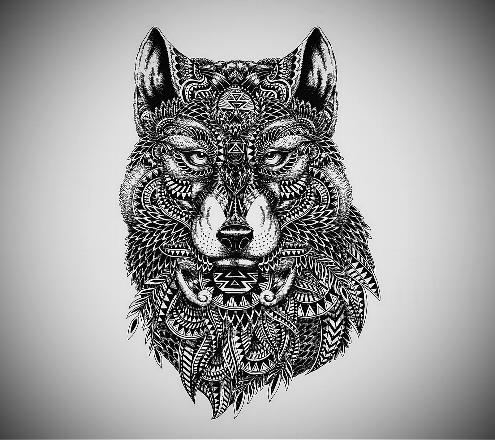 Un dessin noir et blanc d'un loup avec des motifs complexes (style, tatouage, loup)