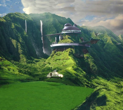 Casa voadora futurista em paisagem montanhosa