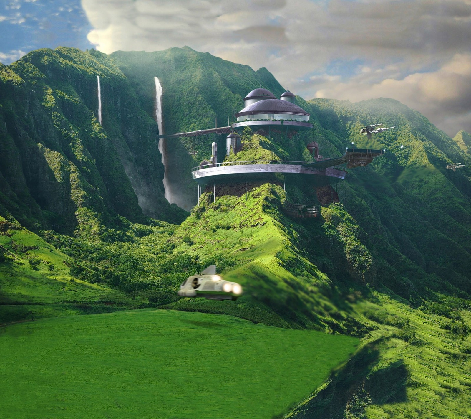 Arafed house on a mountain with a waterfall in the background (flying, future, home, house, mountains)