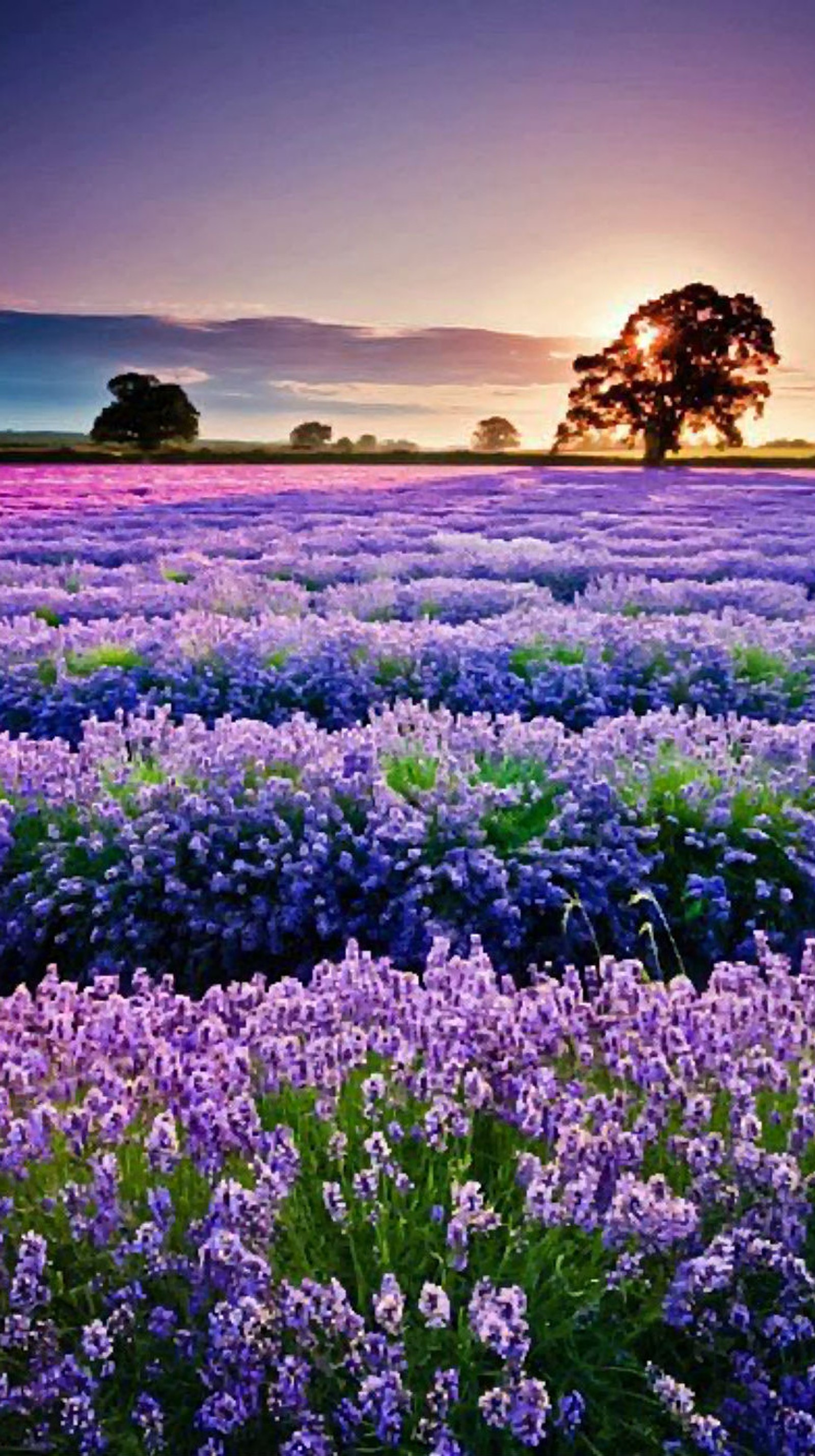 Lavendelfeld mit einem einsamen baum in der ferne (schön, schönheit, feld, blume, blumen)