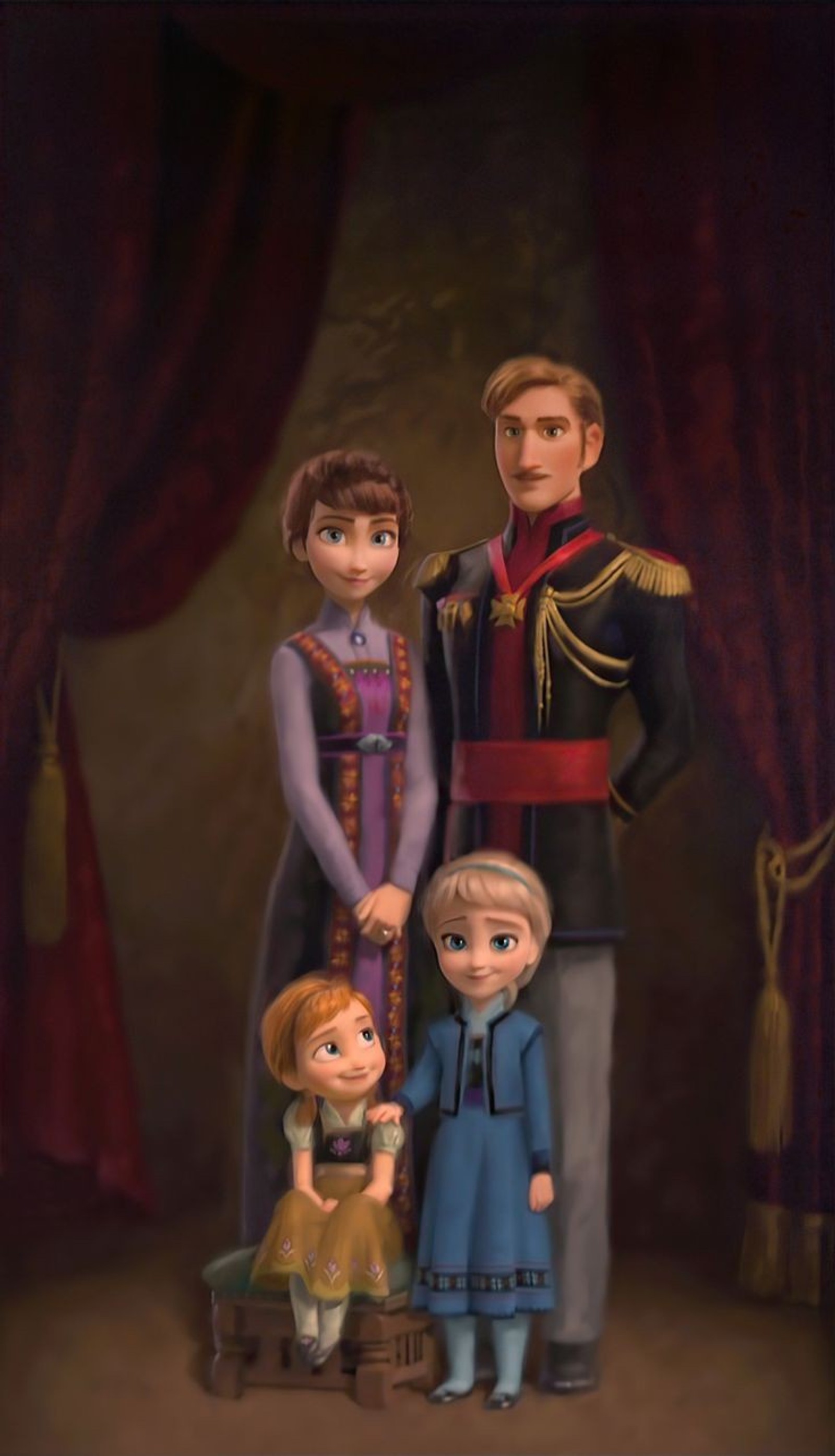 Uma pintura de uma família de três pessoas em pé na frente de uma cortina (ana, anna, baby anna, baby elsa, fofo)