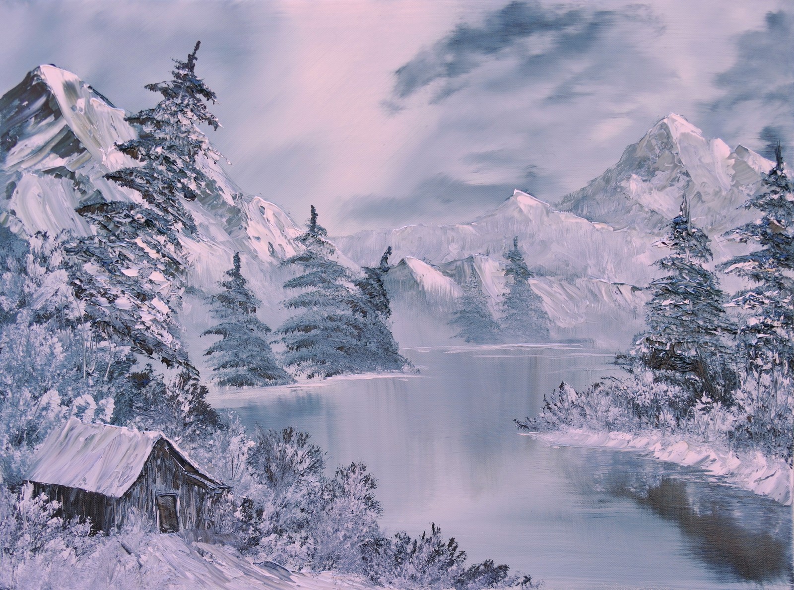 Painting of a mountain scene with a cabin and a lake (painting, art, landscape painting, winter, snow)