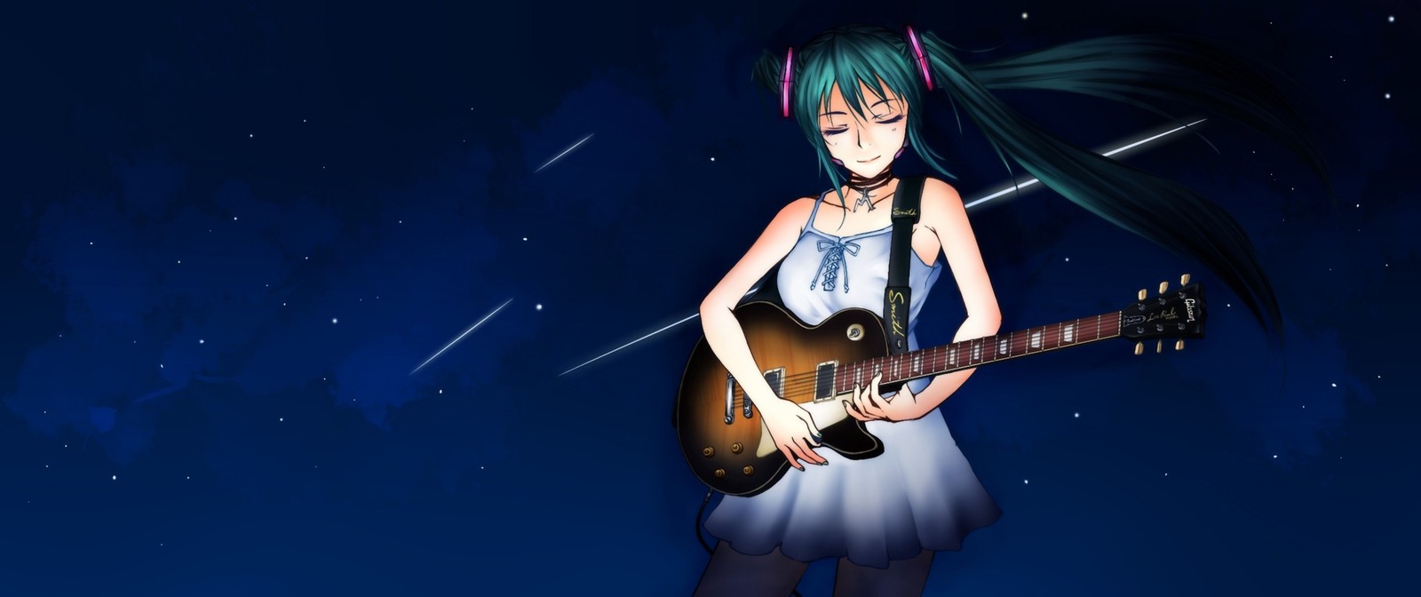 Una chica con cabello largo sosteniendo una guitarra frente a un cielo nocturno (vocaloid, bajo eléctrico, hatsune miku, guitarra, anime)