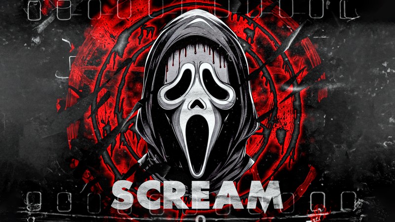 Логотип scream на черном фоне с красным и черным текстом (крик, призрак, ghostface, тёмный фон, 5k)