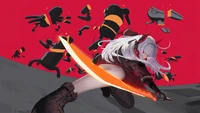 Lucia in action, battling shadowy foes with a blazing sword in Punishing: Gray Raven.