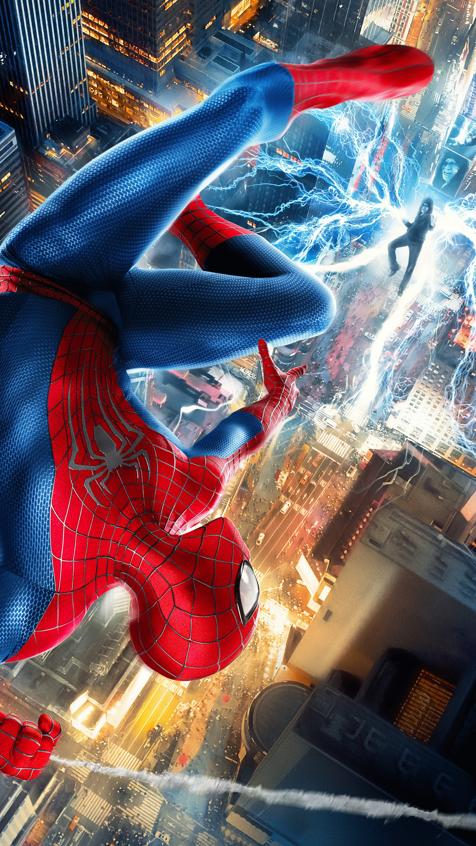 Spider-man volant au-dessus d'une ville avec un éclair en arrière-plan (électro, the amazing spider man 2, marvel comics, art, peinture)