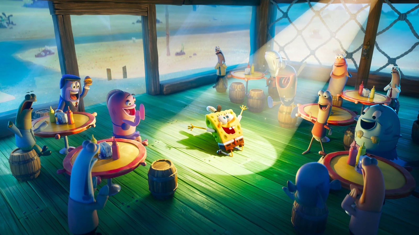 Eine gruppe von cartoonfiguren sitzt an einem tisch in einem raum (der spongebob schwammkopf film sponge on the run, the spongebob movie sponge on the run, film, 2020, spongebob schwammkopf)