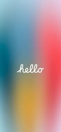 Whimsical 'Hello' with a Vibrant Gradient Background in Amber, Electric Blue, Peach, and Magenta