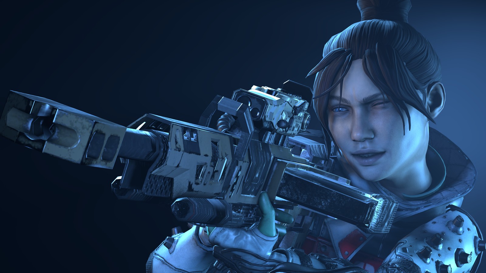 Une femme en combinaison spatiale tenant une arme et regardant la caméra (apex legends, jeu vidéo, spectre)