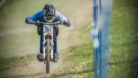 Dynamisches Downhill-Mountainbiking in Aktion, das einen Fahrer zeigt, der mit Geschwindigkeit und Präzision einen grasbewachsenen Kurs navigiert.