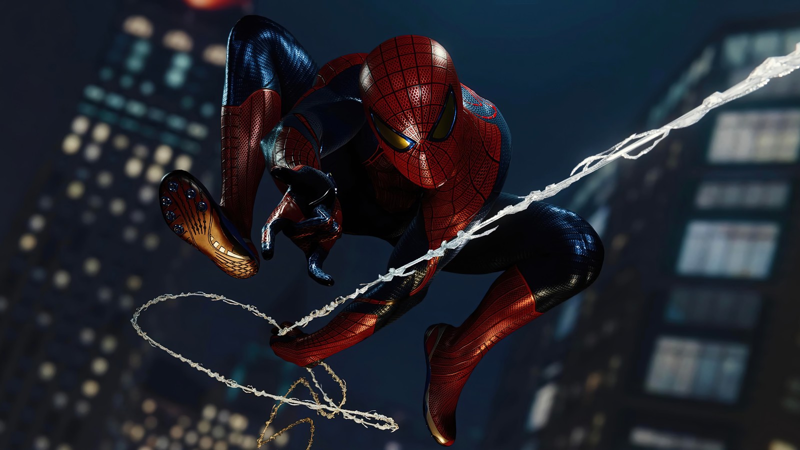 Spider-man dans un costume vole dans les airs (marvels spider man, remasterisé, playstation 4, ps4, jeu vidéo)