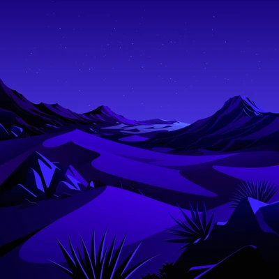 Un paisaje azul eléctrico sereno con una cordillera bajo un cielo estrellado, ilustrando una escena cósmica en un entorno tranquilo.