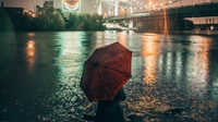 Reflexões da noite: Um guarda-chuva vermelho à beira da água em Minneapolis