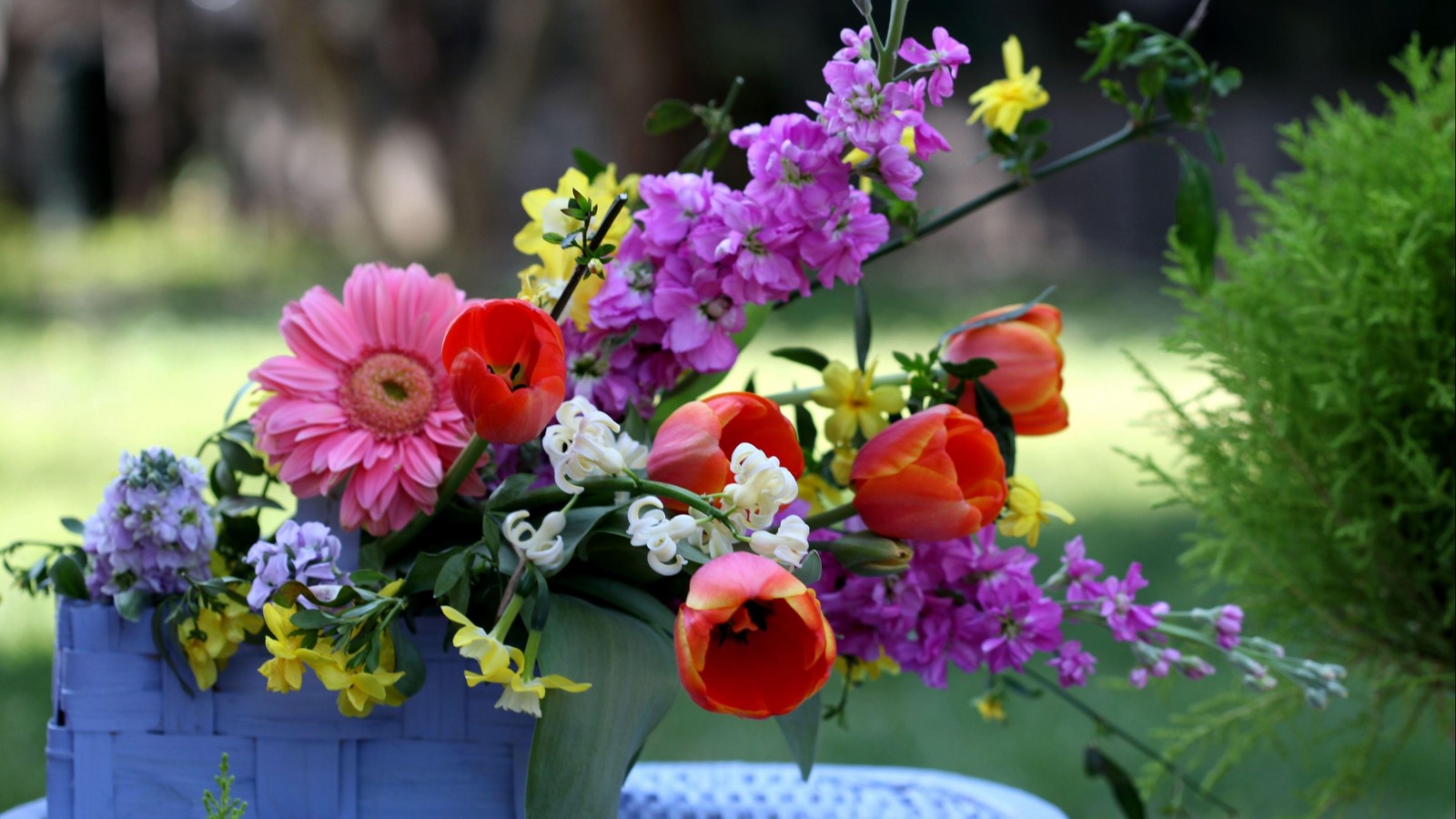 Il y a un panier bleu avec des fleurs sur une table (plante à fleurs, fleuristerie, arrangement floral, dessin floral, fleurs coupées)