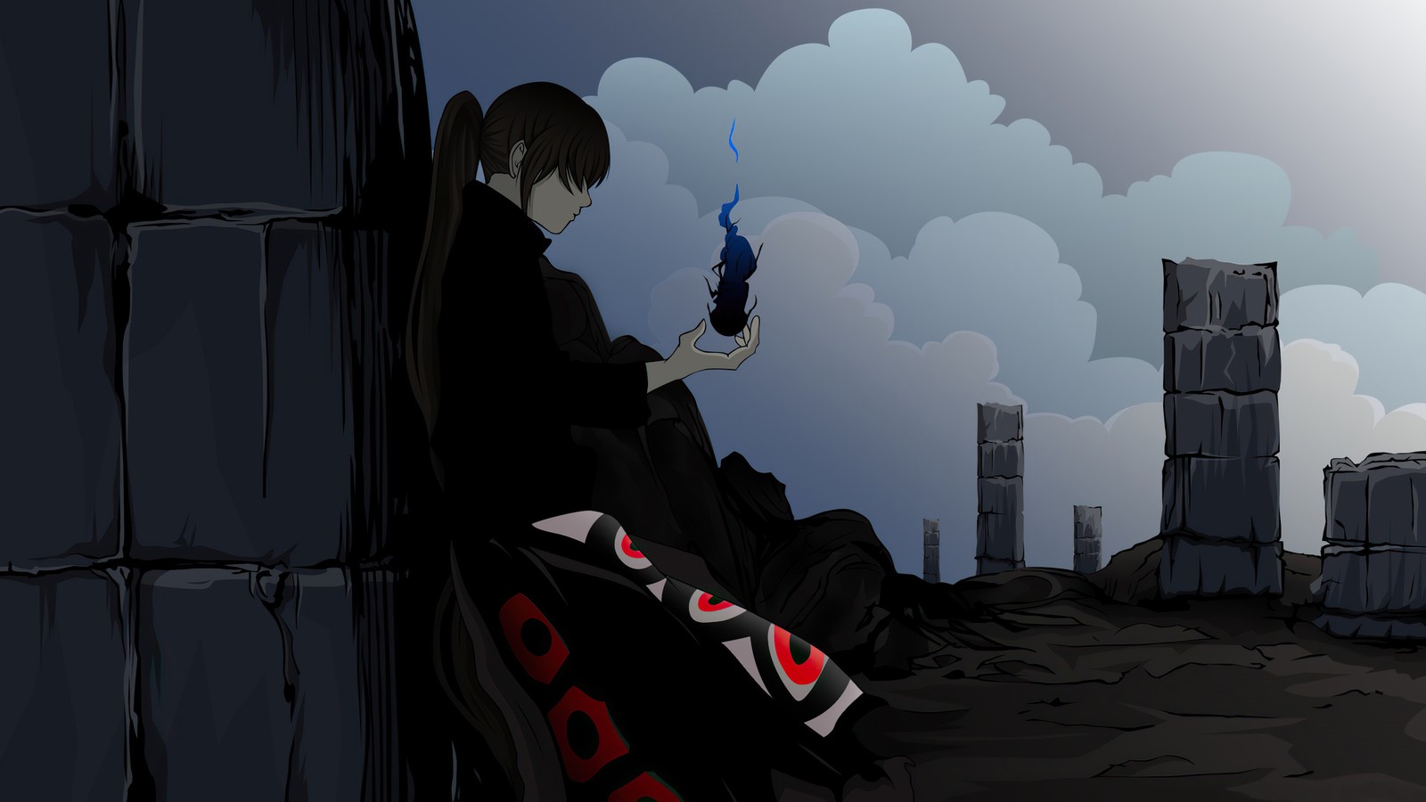 Anime-mädchen sitzt auf einer mauer mit einer zigarette in der hand (tower of god, kami no tou, turm gottes, 神之塔, anime)