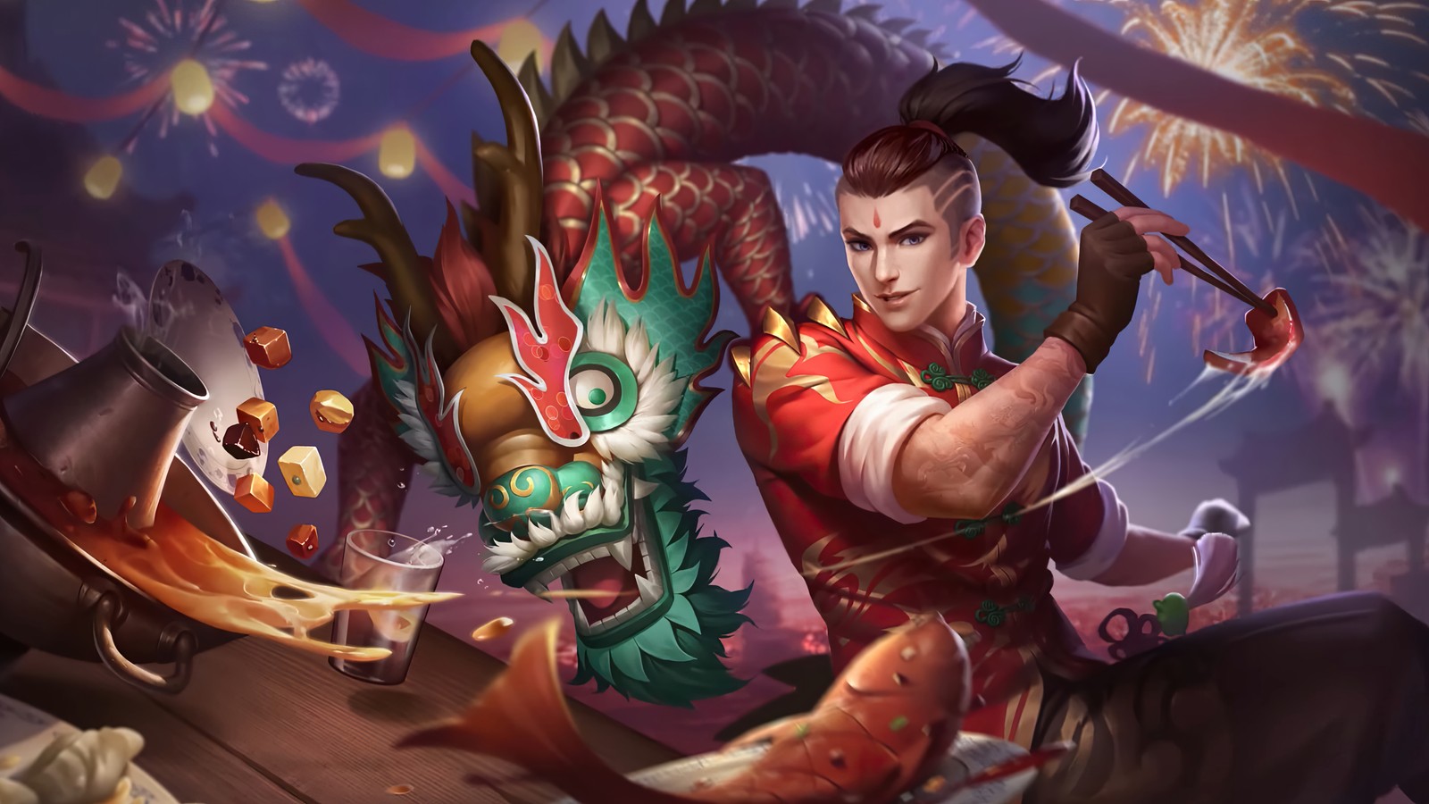 Un homme en chemise rouge tenant une épée à côté d'un dragon (chou, dragon boy, mobile legends, bang bang, mlbb)