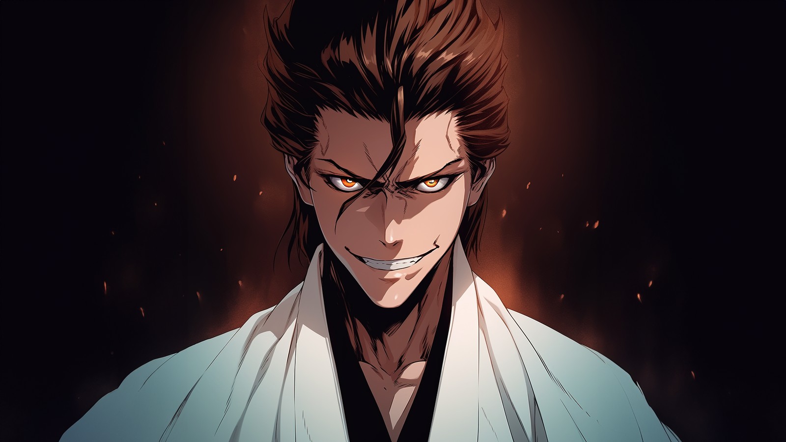 Un hombre con cabello largo y una túnica blanca mirando algo (sosuke aizen, cosechador de almas, bleach, 5k, anime)