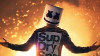 Выступление диджея Marshmello на фоне огненного пейзажа