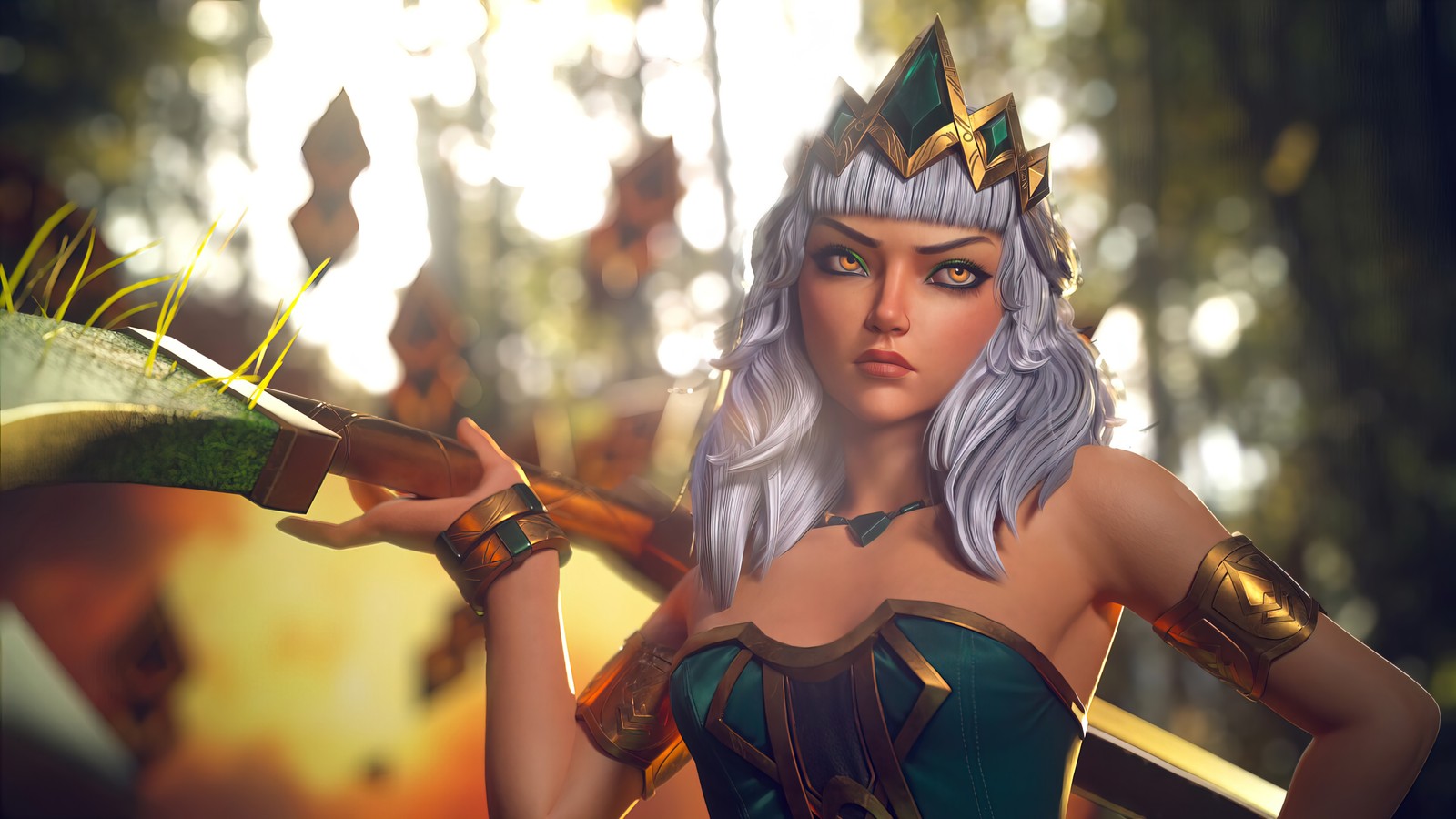 Un primer plano de una mujer con una espada en el bosque (qiyana, league of legends, lol, videojuego)