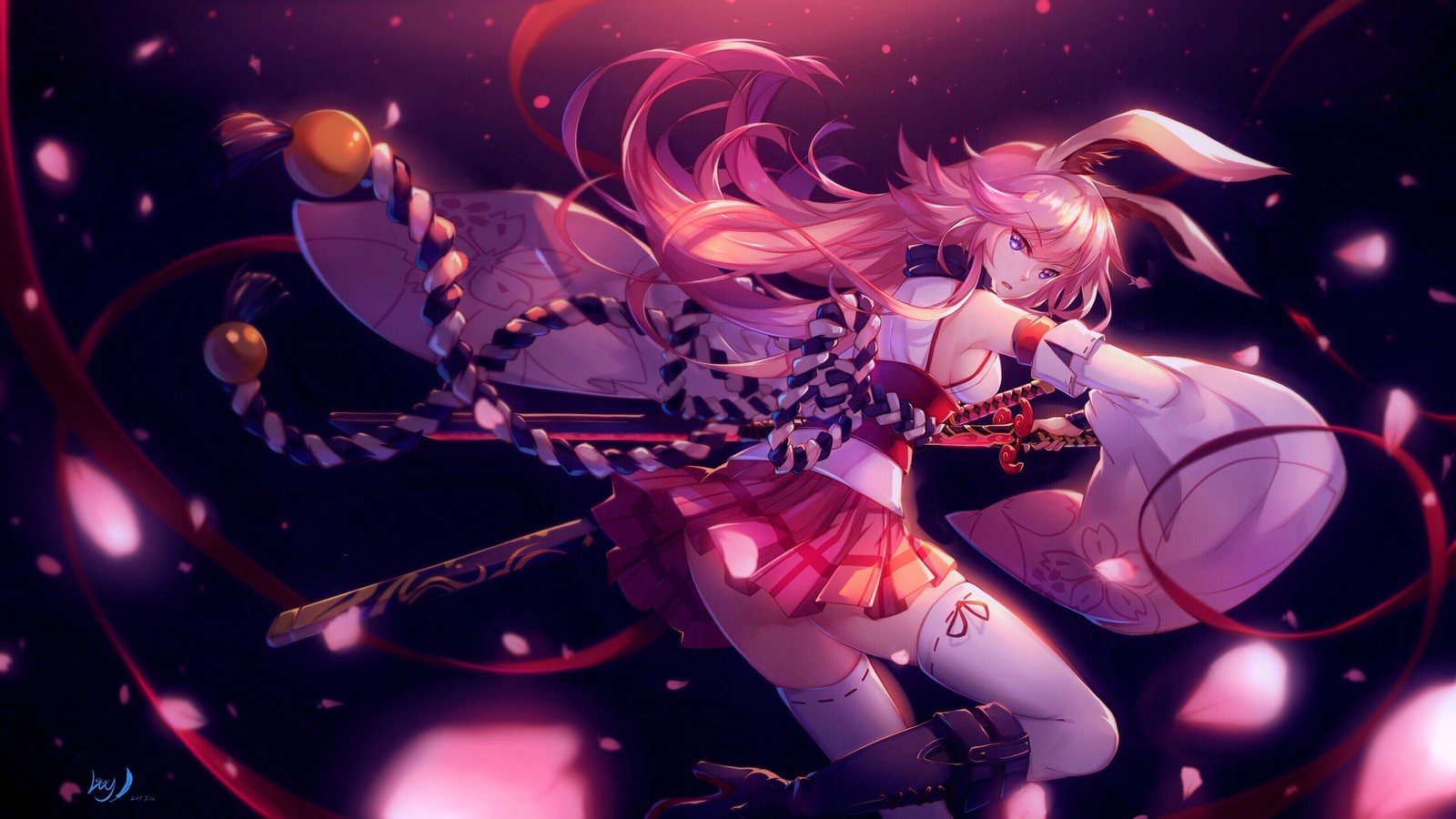 Une femme avec une épée et une robe flottant dans les airs (filles danime, anime, cheveux roses, yae sakura, honkai impact 3rd)