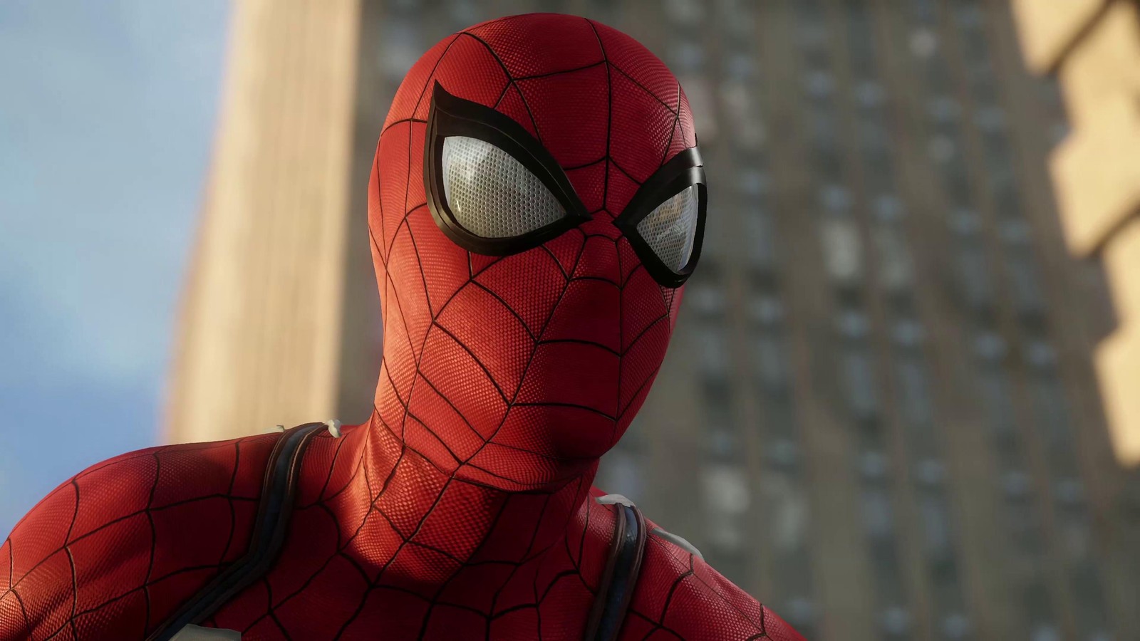 Spider - man in a suit stands in front of a tall building (spider man, insomniac games, superhero, fictional character, action figure)