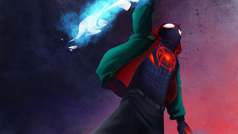 Человек-паук в паучьем вселенной через темную сеть (майлз моралес, miles morales, spider man, комикс, супергерой)