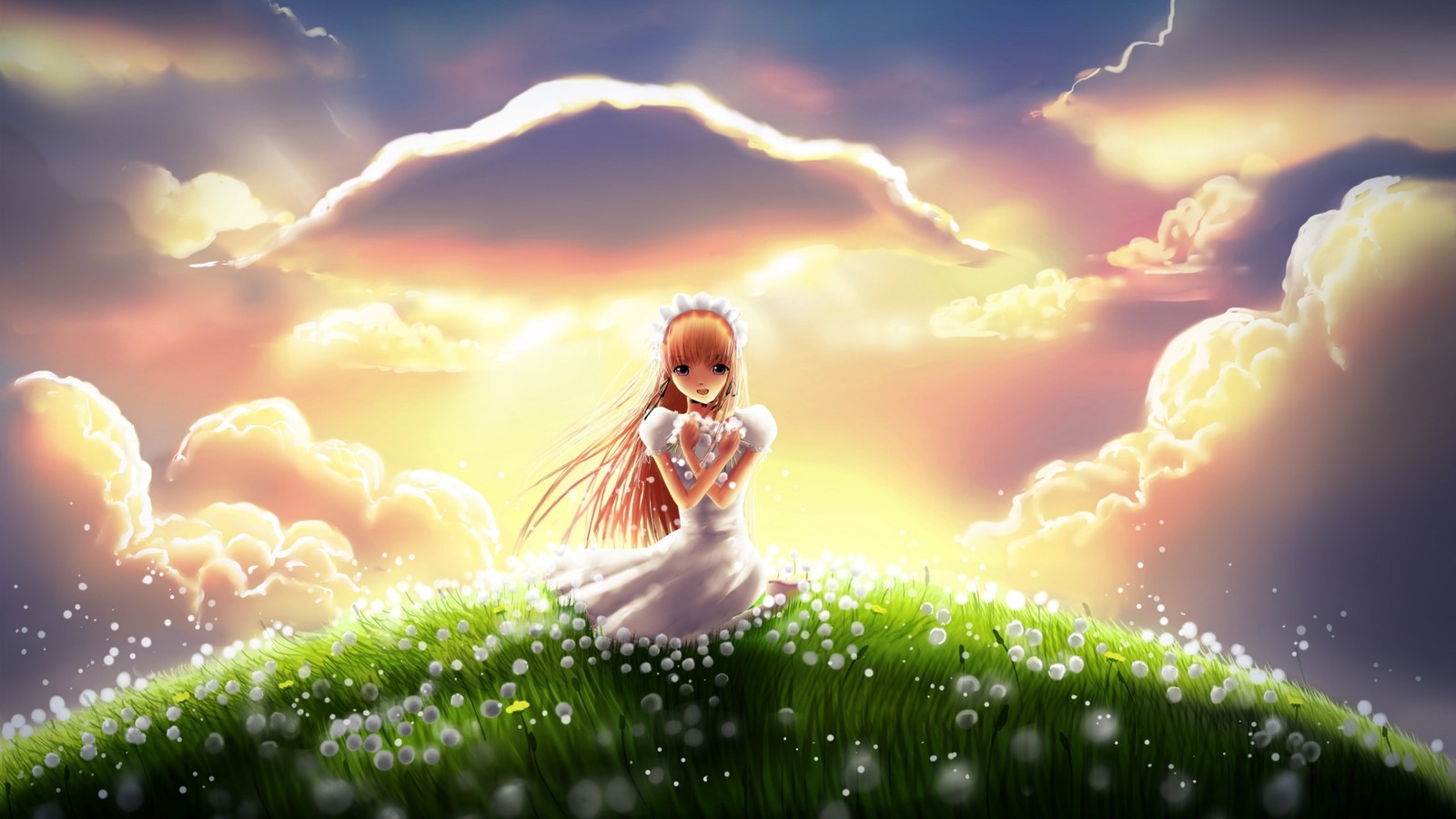 anime, dandelion, cloud, plant, people in nature wallpaper