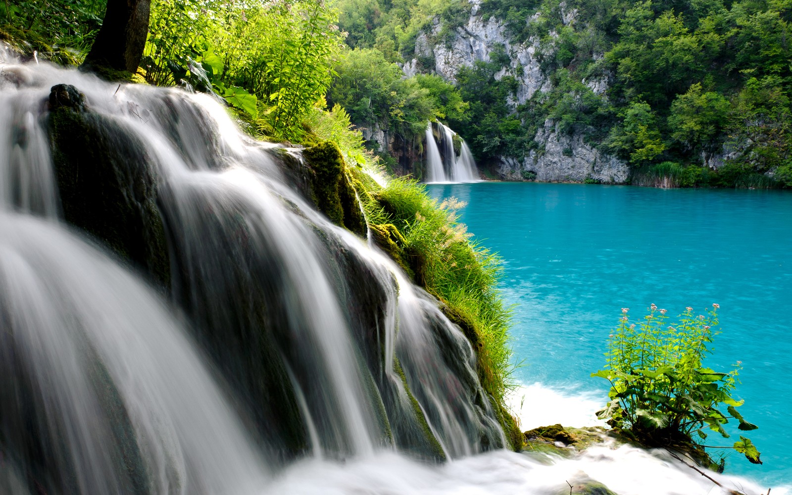 Waterfall in the middle of a blue lake surrounded by trees (waterfall, nature reserve, water resources, body of water, nature)