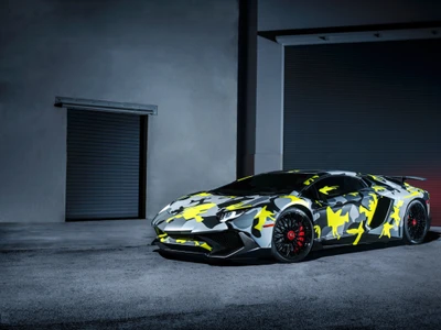 Lamborghini Aventador S: Поразительный желтый камуфляжный суперкар в городской обстановке