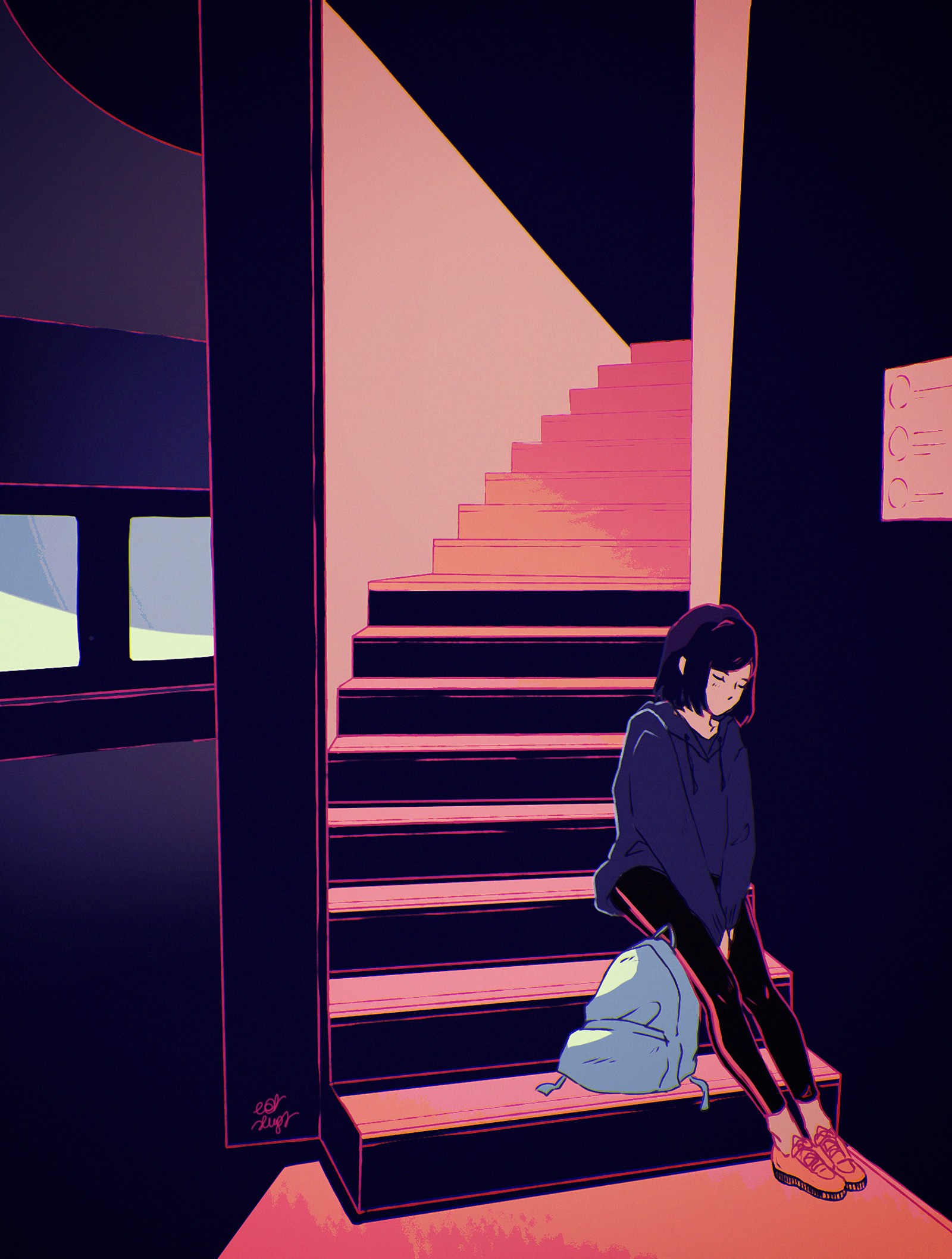 Une femme est assise par terre devant un escalier (art, design, rouge, rose, ligne)