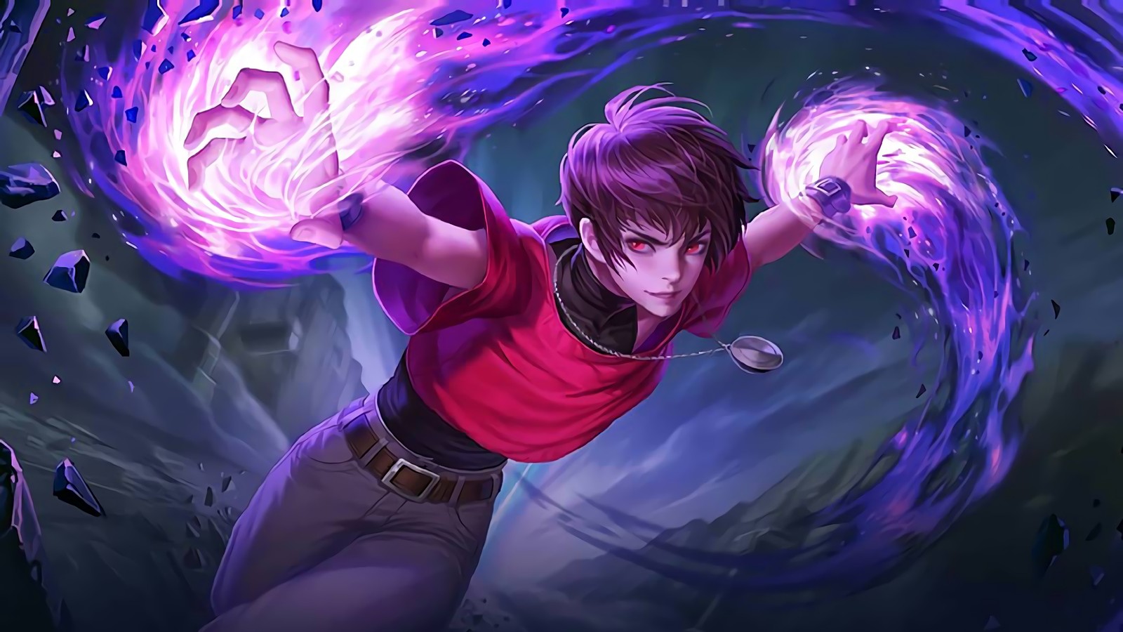 Un primer plano de una persona sosteniendo una bola morada en la mano (dyrroth, orochi chris, kof, king of fighters, mobile legends)