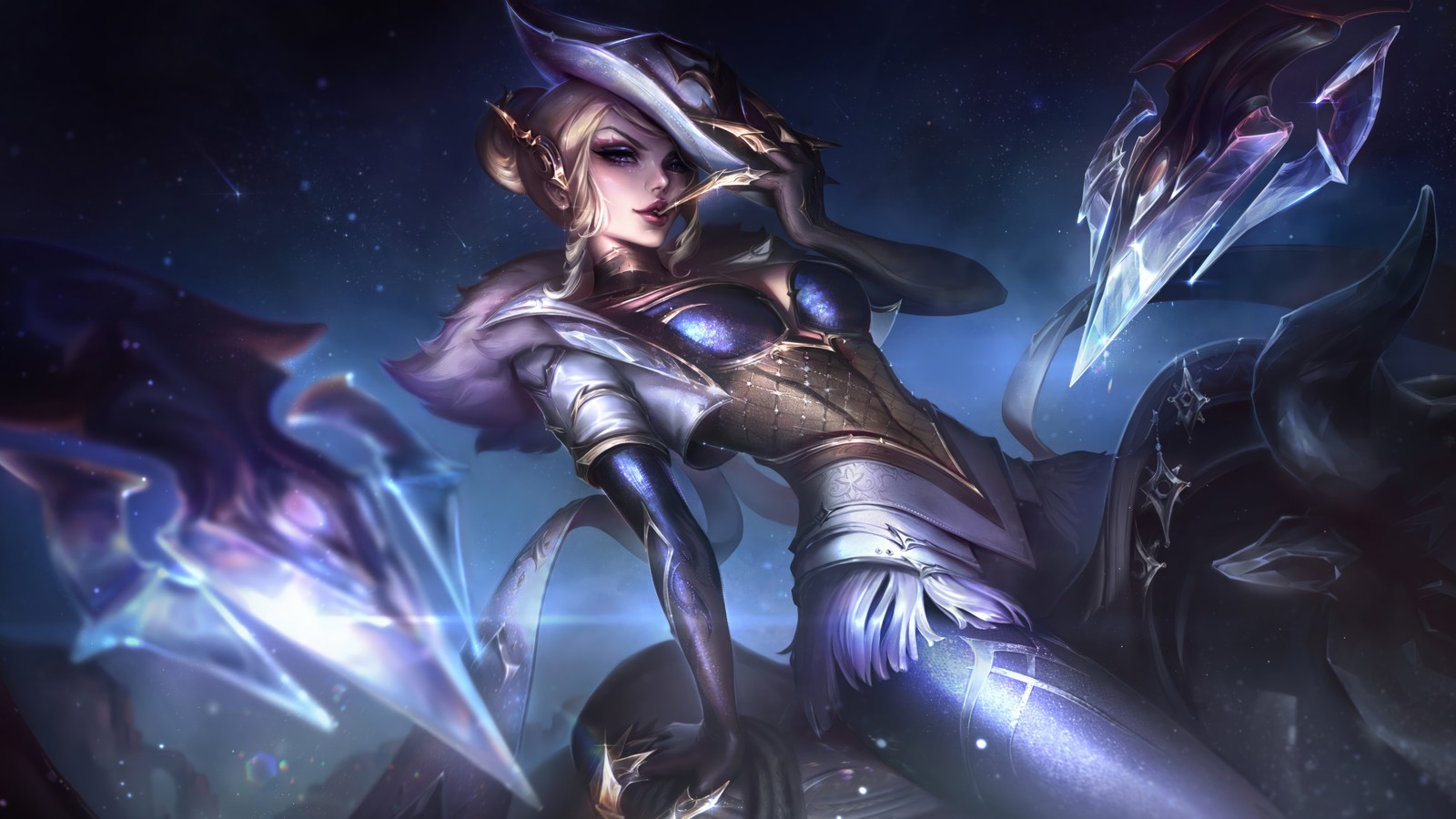 Une femme en tenue violette tenant une épée et un grand objet violet (midi haut, evelynn, prestige, peau, league of legends)