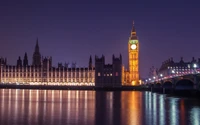 Illuminated Houses of Parliament and Big Ben Reflected in the Thames at Night