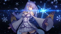 Emilia de Re:Zero - Começando a Vida em Outro Mundo, cercada por um cenário de inverno com flocos de neve.