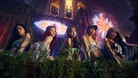 Le Sserafim: Captivating K-Pop Girl Group in a Lush, Neon-Infused Setting