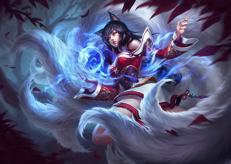 Женщина с мечом в красном платье едет на лошади (ахри, ahri, league of legends, игры, обои 4k)