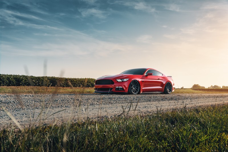 Крупный план красного мустанга, припаркованного на гравийной дороге (ford, машина, спортивный автомобиль, суперкар, колесо)