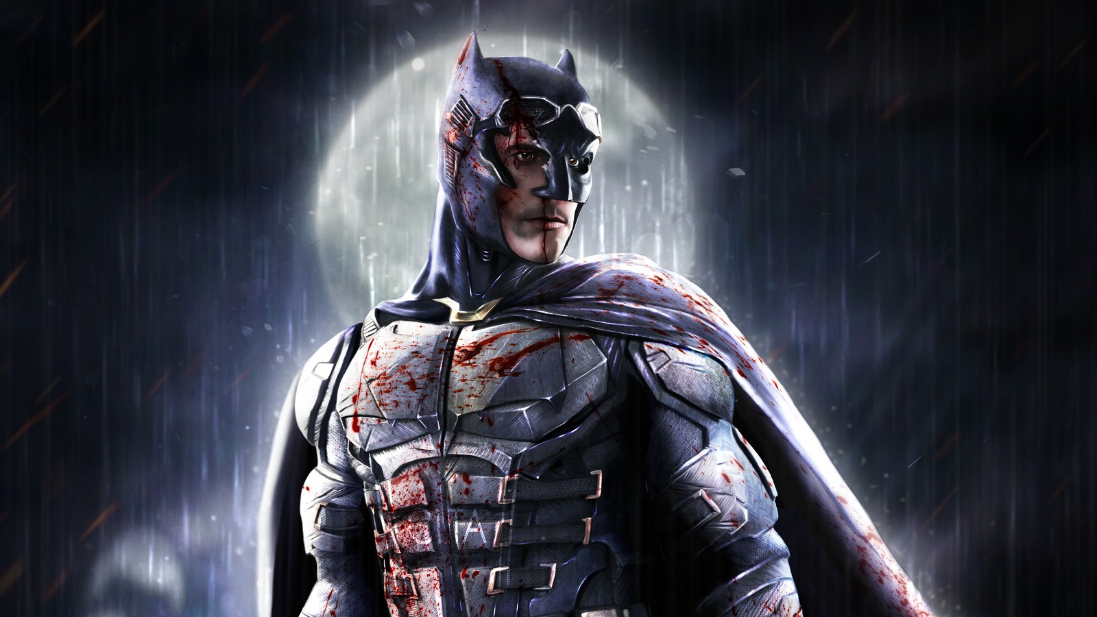 Batman bajo la lluvia con sangre en la cara (batman, superhéroe, arte digital, arte, pc game)