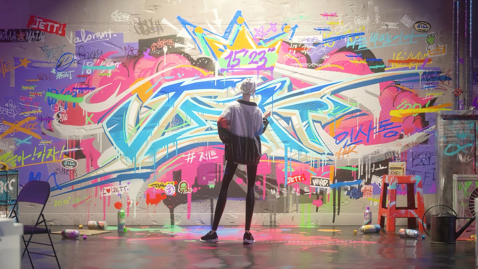 Graffiti wall with a man standing in front of it (valorant, video game, jett, graffiti, wall)