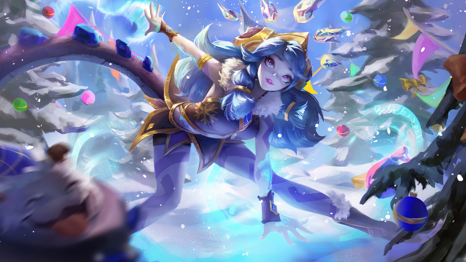 Frau in blauem outfit, die in einem verschneiten wald ein schwert hält (neeko, lol, league of legends, videospiel, kunst)