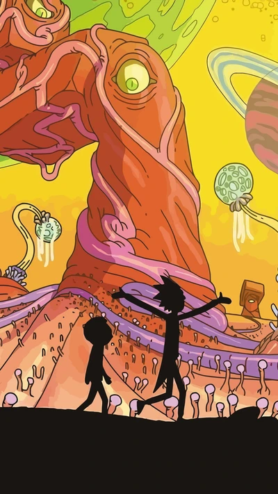 Rick y Morty Aventura a Través de un Colorido Paisaje Alienígena