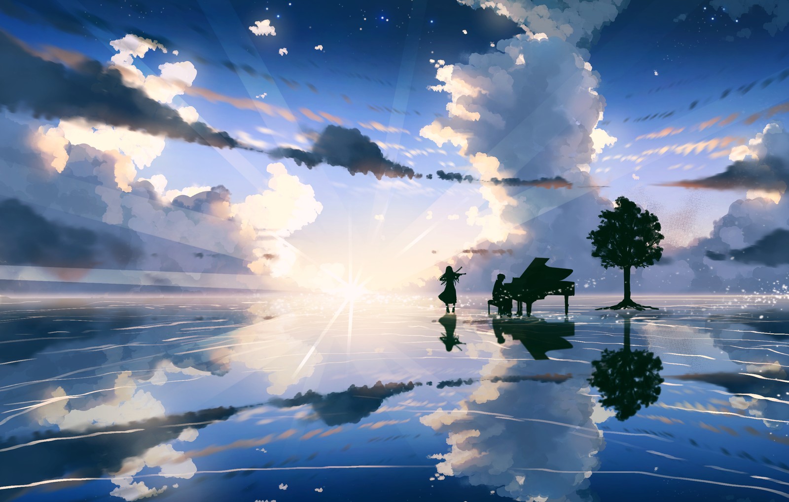 Anime, piano, piano player, clouds, water, sunset, sky (anime, manga, nature, natural landscape, reflection)