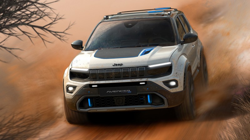 Крупный план джипа, едущего по пустынной местности (jeep avenger 4x4 concept, внедорожный внедорожник, внедорожный, 2022, машины)