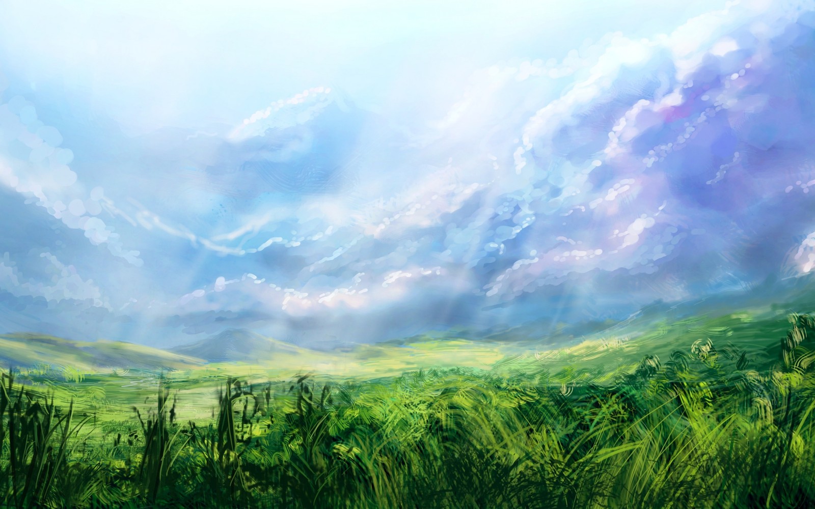 Uma pintura de um campo verde com nuvens e grama (pradaria, natureza, prado, vegetação, pintura)