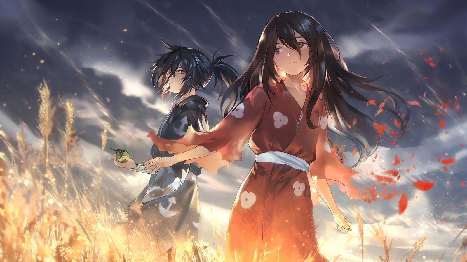 Anime-charaktere in einem grasfeld mit einem himmel im hintergrund (hyakkimaru, mio, dororo anime, anime)