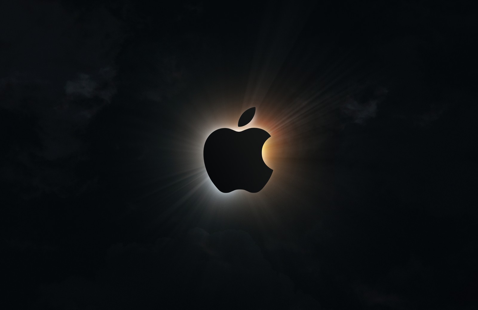 An apple logo is seen in the dark sky with a sun behind it (apple logo, silhouette, eclipse, dark background, 5k)